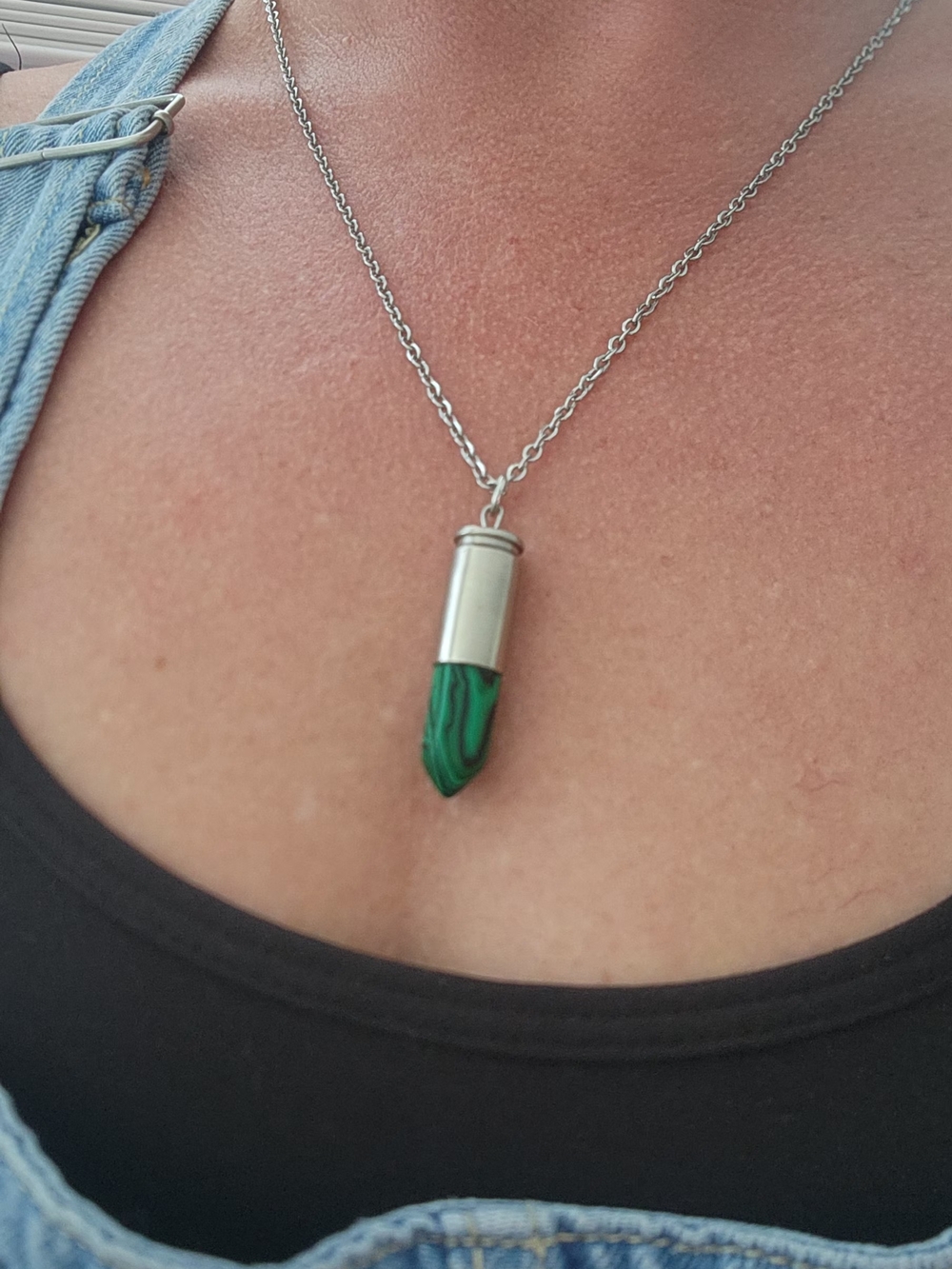 9mm Nickel Bullet Pendant Necklace with Green Stone